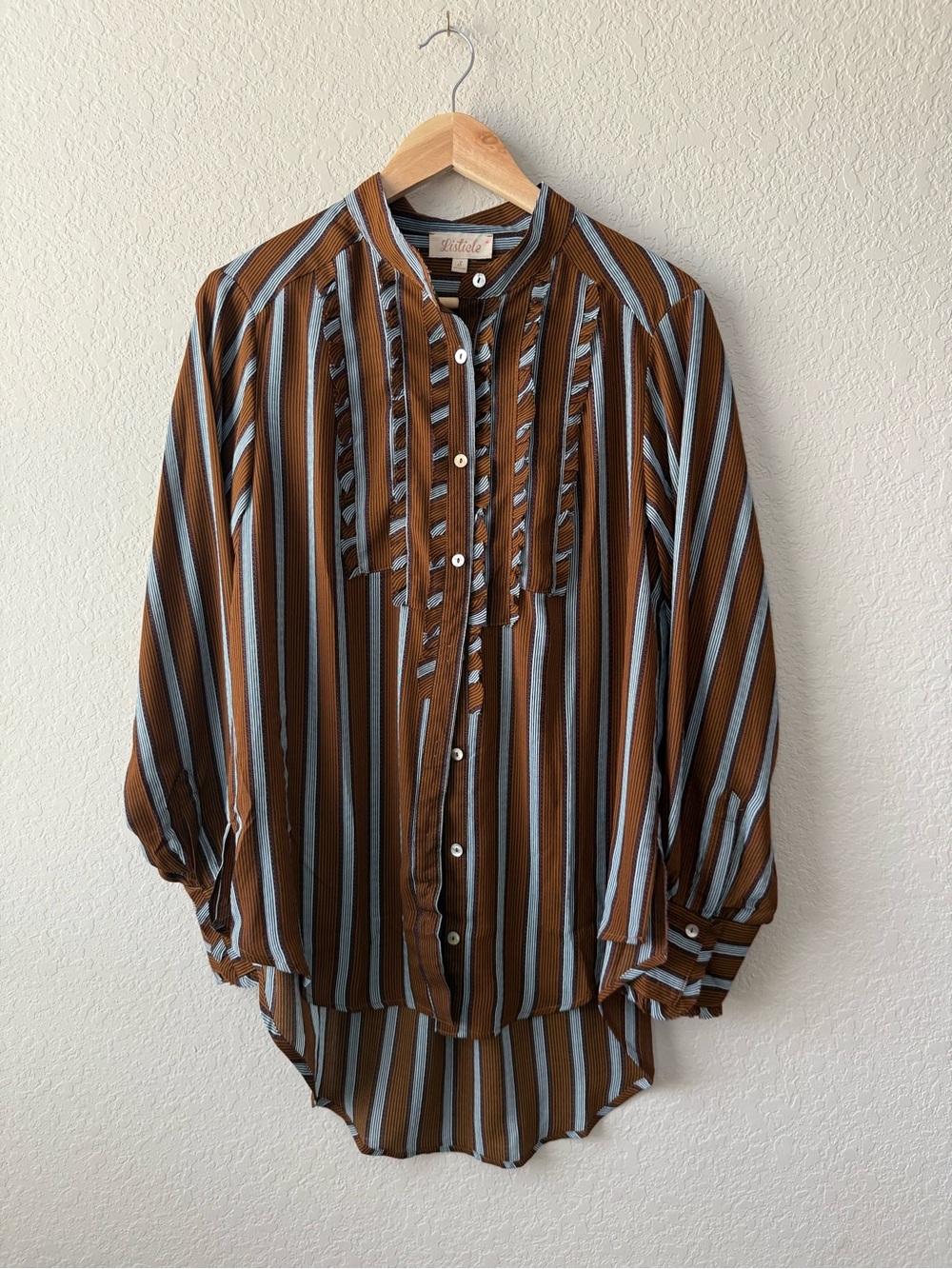 Listicle Striped Ruffle Front Long Blouse - Brown & Light Blue